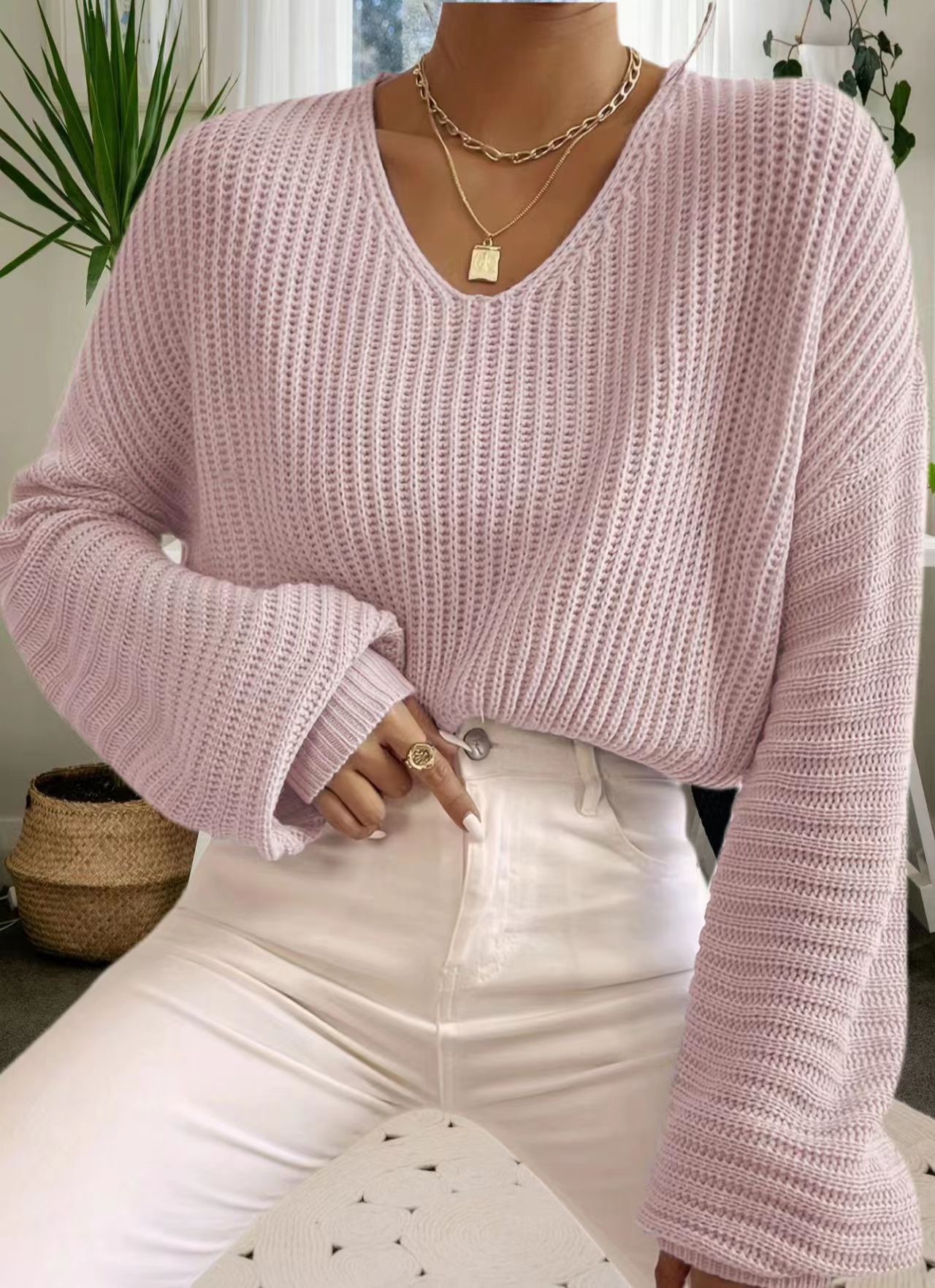 Transfronterizo de punto de mujer Europa y América Amazon 2025 otoño nuevo color sólido V-collar linterna manga larga suéter image 8