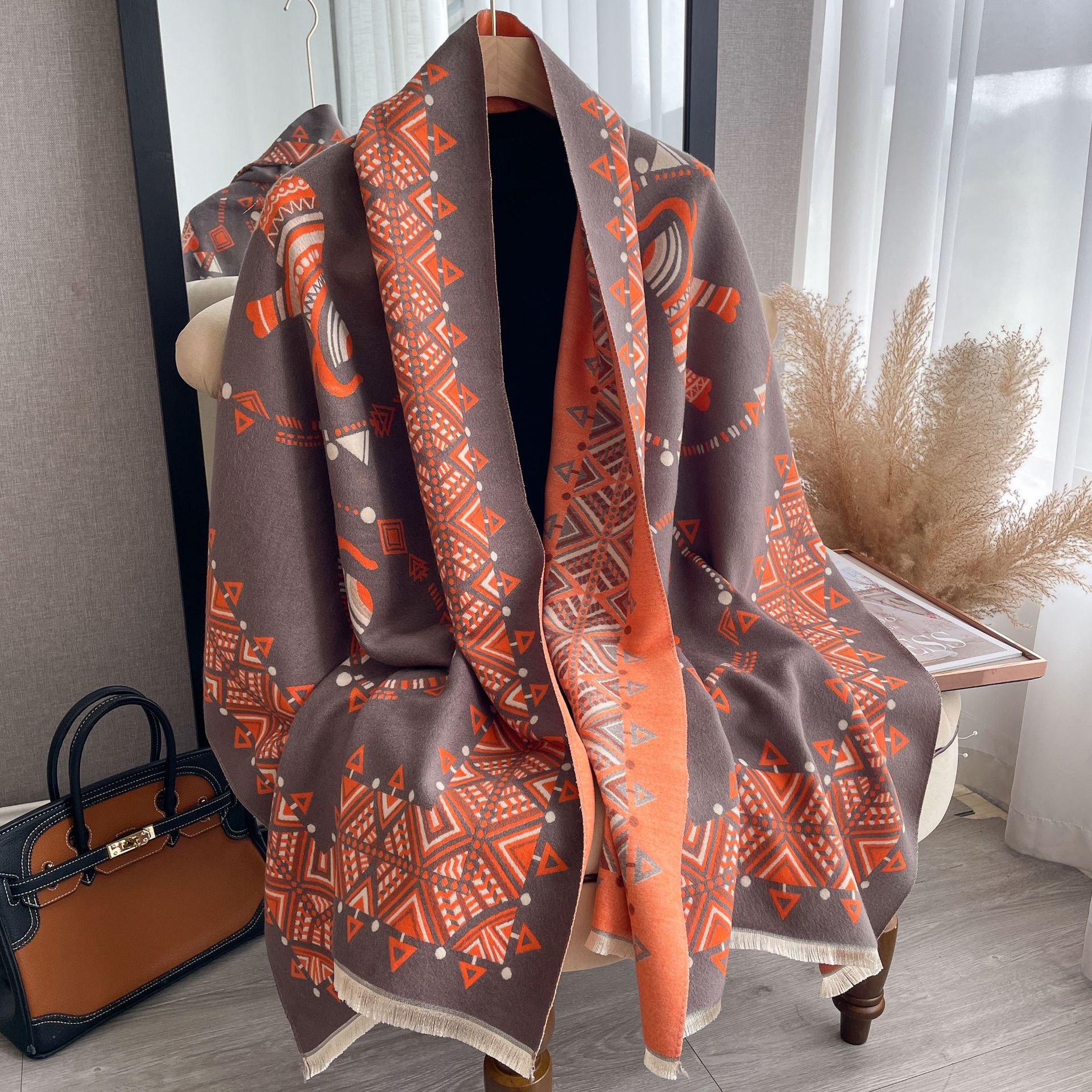 2023 nuevo nórdico retro chal Otoño e Invierno de doble cara Cachemira elefante patrón decorativo largo bufanda caliente para las mujeres