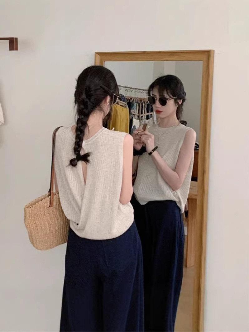 Áo hai dây nữ dệt kim mát lạnh phong cách Pháp hở lưng tinh tế — đen