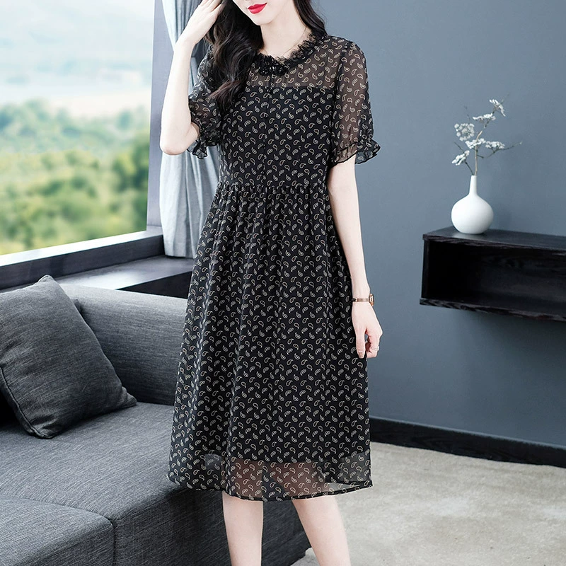 Летнее облегающее французское шифоновое платье с короткими рукавами и деревянными ушками больших размеров, облегающее платье средней длины с принтом, женская одежда среднего и пожилого возраста
