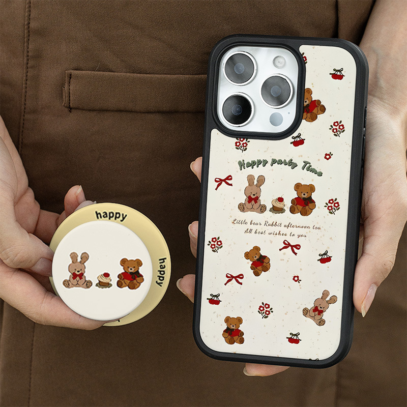 Tweed Style Rabbit and Bear Magnetic Carbon Fiber Holder Mobile Phone Protective Case Suitable for Iphone16Promax/15