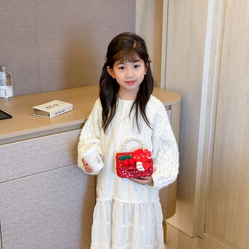 2025 rojo festivo bolso de Año Nuevo para niños estilo occidental perla bolso de niña hilo bordado bowknot bandolera para niños