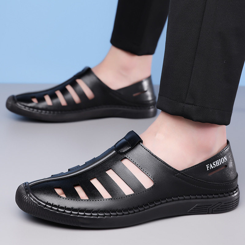 Giày lười sandal nam thoáng khí khoét lỗ, mũi tròn, đế cao su chống trượt — Màu nâu, màu đen