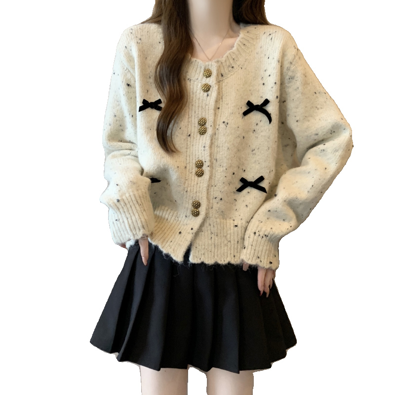 Korean Chic Colorful Dot Knitted Cardigan for Women 2025 Autumn and Winter New Large Size Fat mm Short Bow Sweater Jacket