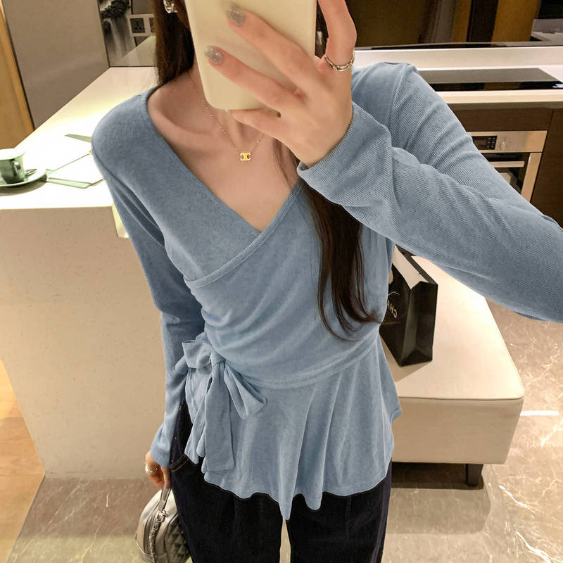 独特超好看交叉v领长袖t恤女2025秋季新款设计感绑带收腰绝美上衣|undefined