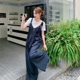 藏青色韩版随性松弛版背带裤女2026新款夏日通勤百搭减龄连身裤