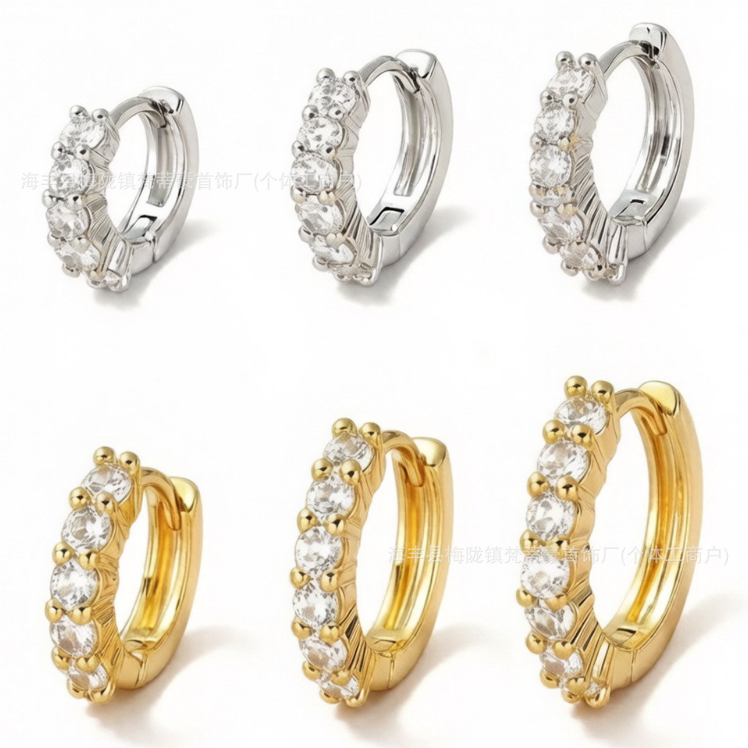 Cross-Border Best-Selling Same-Style Elegant Round Earrings, Simple Single-Row Ear Clips, Versatile Niche Design Zircon Earrings and Ear Hoops
