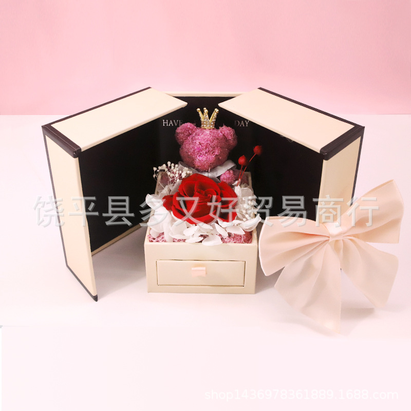 Caja de regalo de collar creativo rosa doble puerta oso rosa flor inmortal caja de regalo regalo del día de San Valentín proporcionado transfronterizo
