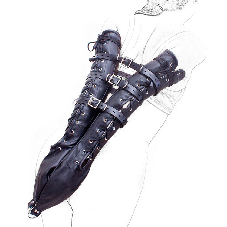 Binding Clothing Black Lace-Up Version Long-Arm Abstinence Gloves Sexy Tight Hand Restraint Bag Binding Leather Restraint Cross-Border