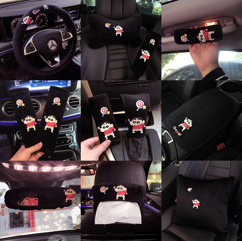 Cute Little Boy Car Interior Set, Steering Wheel, Headrest, Car Seat Belt Shoulder Protector, Car Modification Interior