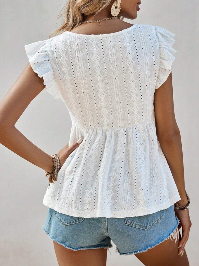 2026 European And American Cross Border Women's Spring And Summer New Fashionable Hollow V-neck Lotus Leaf Short Sleeved Lace T-shirt Top_ecoleips.com