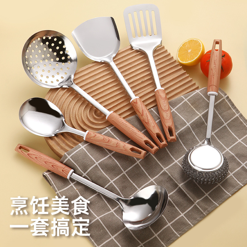 Source wholesale new stainless steel tableware suit colander rice spoon soup spoon cooking spatula washing brush household kitchenware