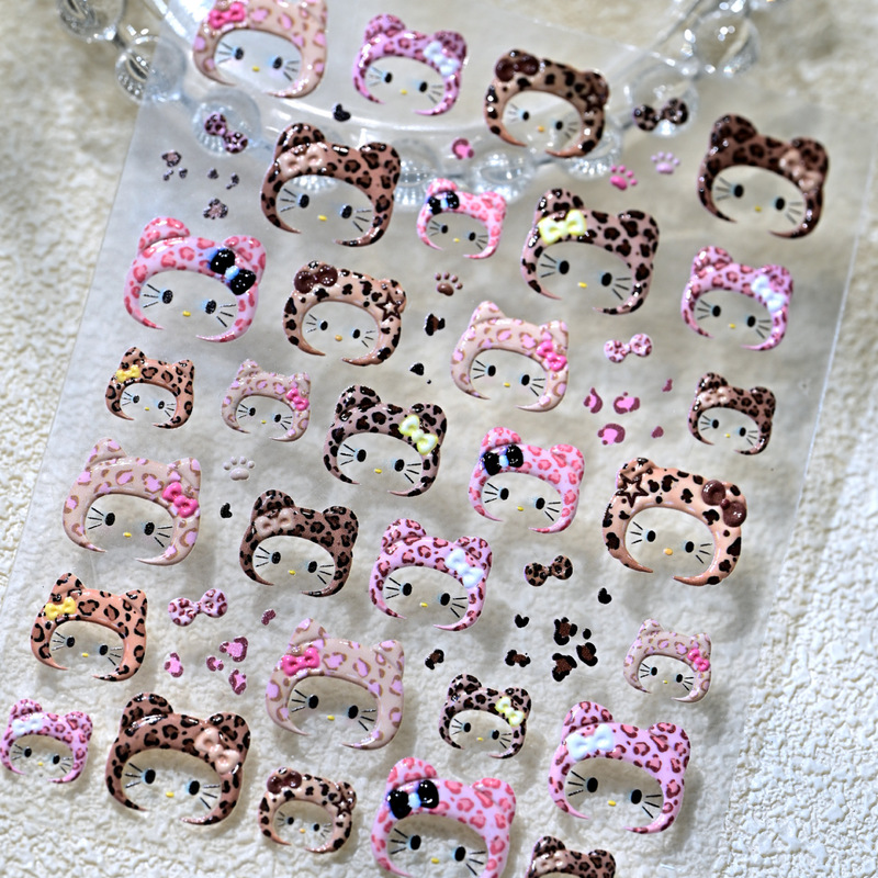 Nail Stickers Cute Cartoon Leopard Print Cat Bow Adhesive Wearable Nail Stickers Cat Nail Stickers