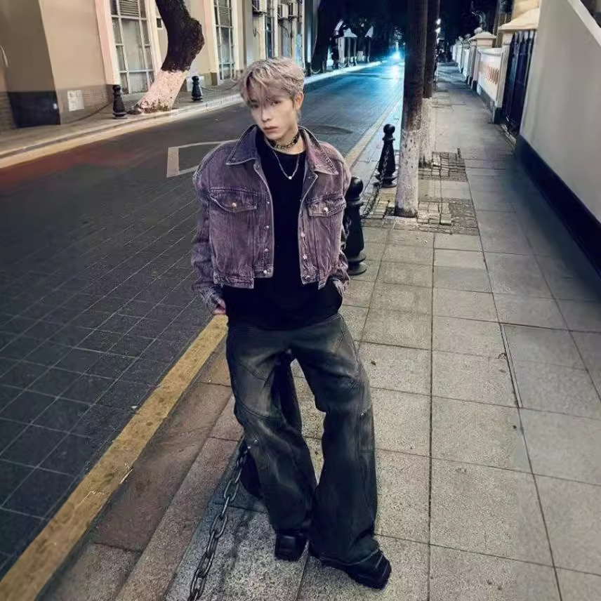 American Retro Heavy Industry Stitching Short Denim Jacket Trendy Brand European and American Street cleanfit Motorsuit Jacket