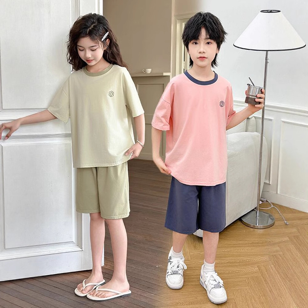 Children's Pajamas, Teenagers' Pure Cotton Off-Shoulder Short-Sleeved Shorts for Boys and Girls, Medium and Large Kidsren's Home Clothes, Little Girls' Air-Conditioned Clothes