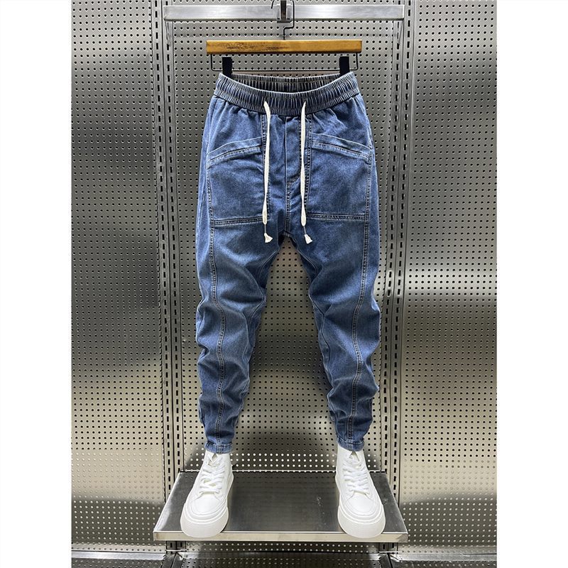秋季新款牛仔裤男松紧腰弹力修身小脚裤潮流青少年裤子男士九分裤
