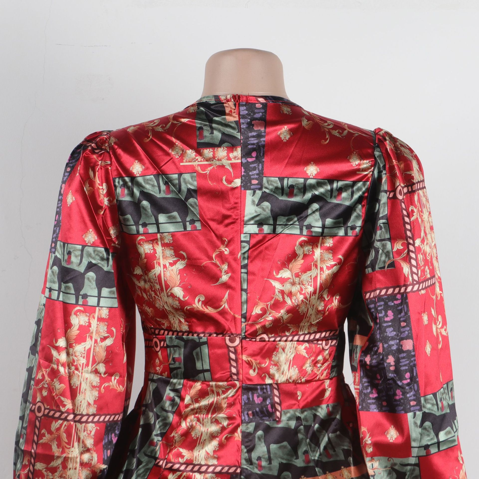 Women's Clothing Sexy Printed Ruffled Lantern Sleeve Hip Hugging Slim Fit Long Sleeve Dress_voghion.com