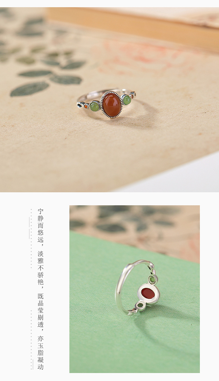 Nhẫn nữ bạc S925 đính ngọc bích và mã não đỏ mặt trứng hình mắt mèo — Mặt trứng ngọc bích chi tiết 5