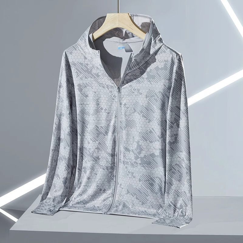 Men's summer outdoor fishing sun protection clothing, featuring ice silk camouflage design, UV protection, and breathable fabric