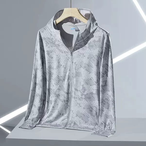 Men's summer outdoor fishing sun protection clothing, featuring ice silk camouflage design, UV protection, and breathable fabric