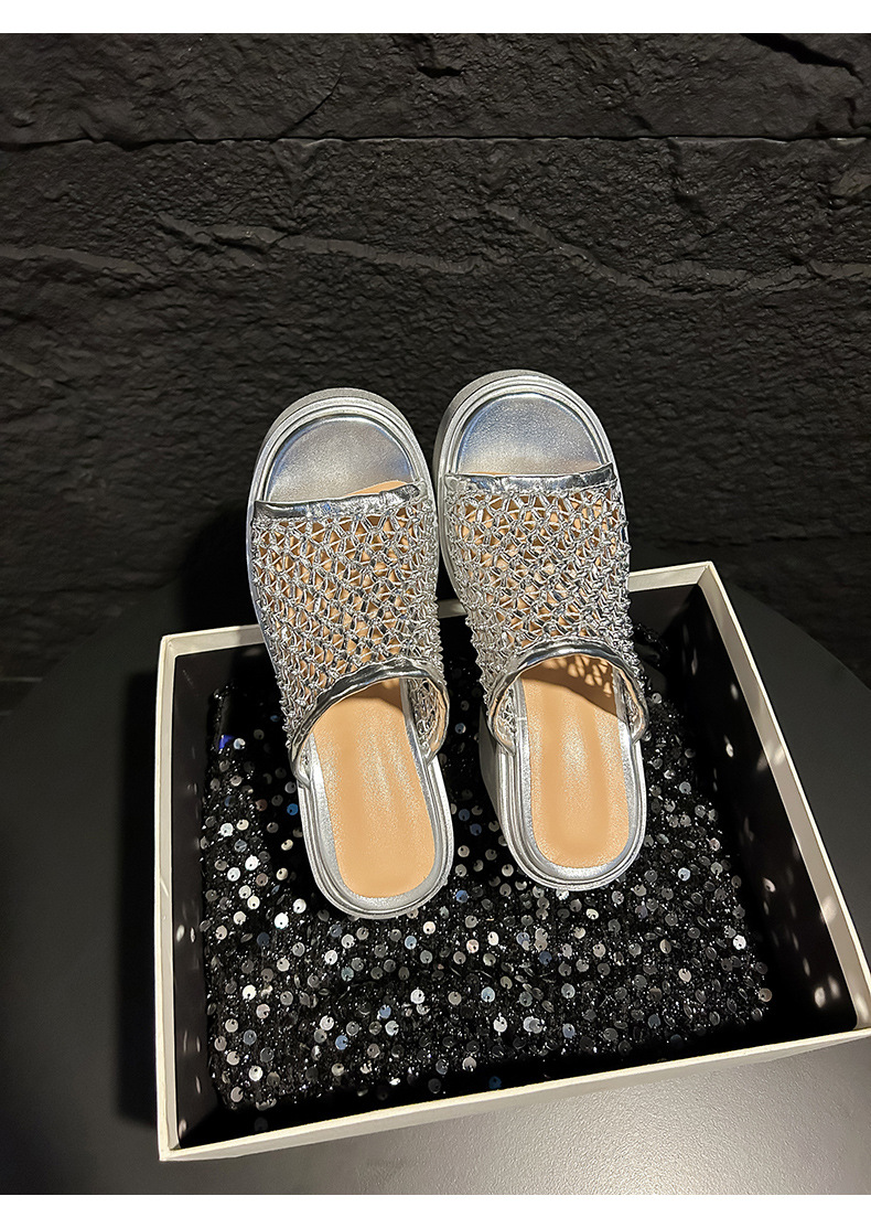 Sandal cao gót nữ hở mũi đế xuồng gót 10 cm quai ngang bện — màu đen, bạc chi tiết 15