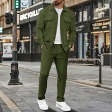 欧美跨境新款秋季时尚双口袋翻领提花外套男士休闲开衫夹克两套装