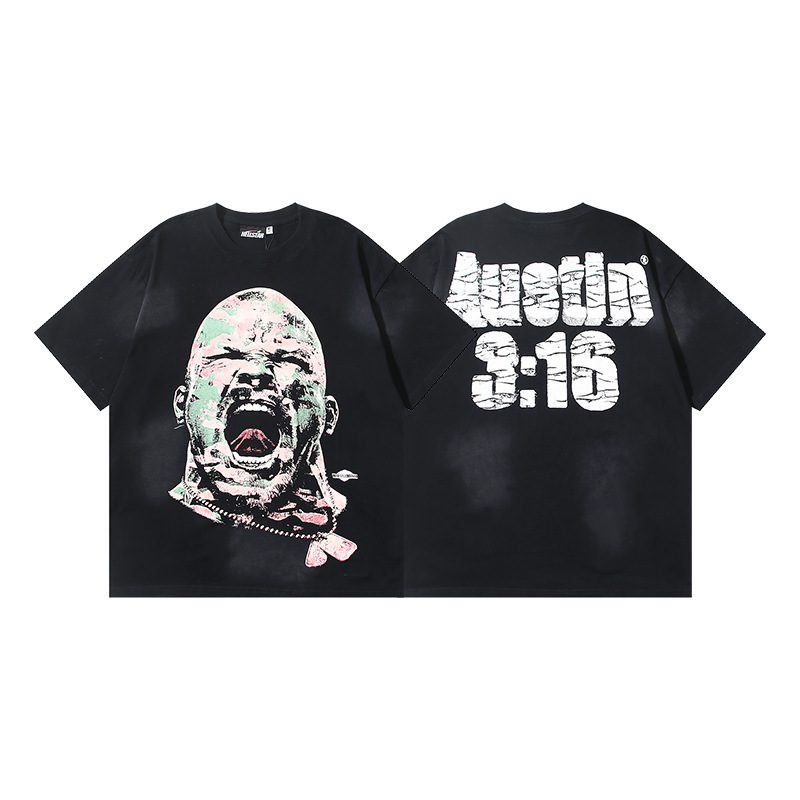 25ss 夏新作 Hellstar アメリカンファッション ハイストリート ウォッシュ加工 ダメージ加工 プリント ゆったり 半袖 Tシャツ 男女兼用|undefined