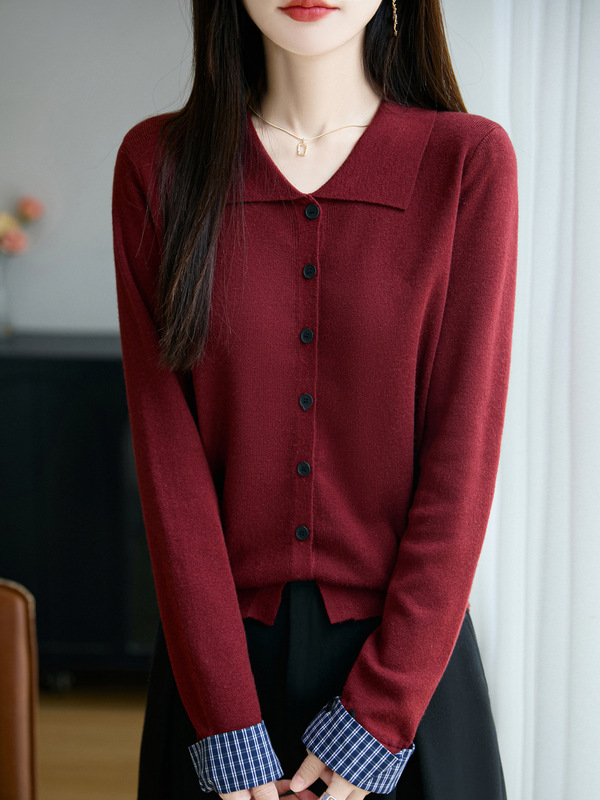 25年早秋新款精纺羊毛翻领针织开衫长袖女袖口格子拼色设计感上衣|undefined