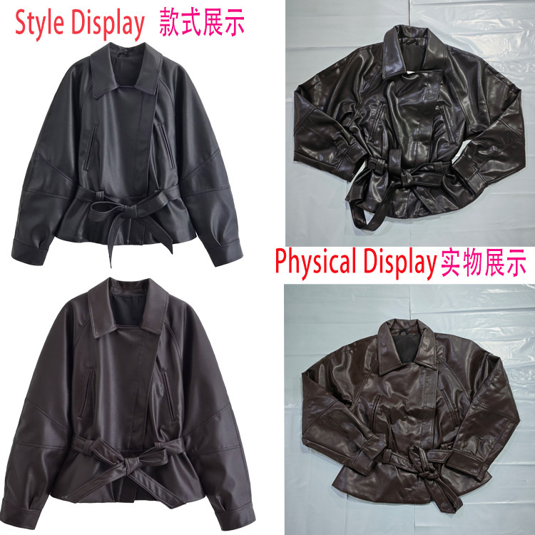 Cross-Border European and American Style Women's Black Lapel Belt Waist-Cinching Pu Leather Jacket, New Spring Fashion Versatile Piece