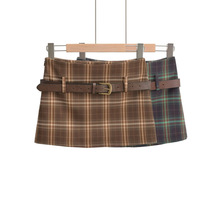 YPFF潮流女装秋季辣妹复古皮带格子半身裙高腰修身防走光包臀短裙