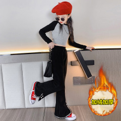 女童喇叭褲秋冬裝2023新款韓版加絨炸街長褲15歲秋季開叉釘扣褲子