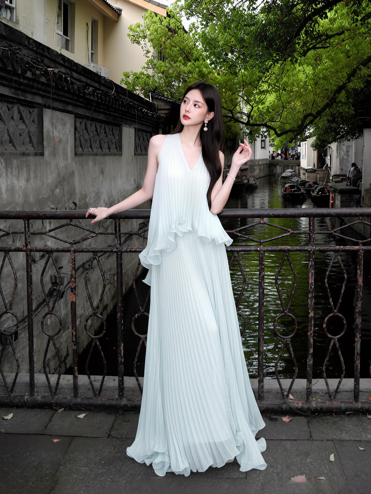 Đầm maxi nữ thắt eo voan mỏng phong cách Tân Trung Hoa mùa hè — bạc hà xanh