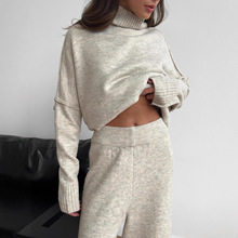 欧美跨境秋冬新款时尚高领高级感套头毛衣女阔腿裤针织衫两件套装