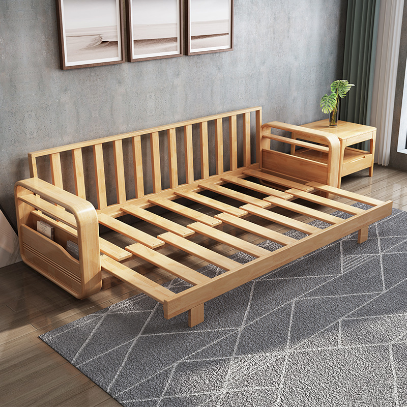 Sofá nórdico de madera maciza con tela para apartamentos grandes y pequeños, muebles de sala de estar para oficina, multifuncional con cama extraíble, tela de algodón y lino