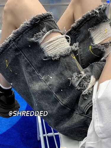 Men's Summer Trend Brand American Grit Street Style Relaxed Pants with Water Washed Ripped Denim Shorts and Frayed Hem Design