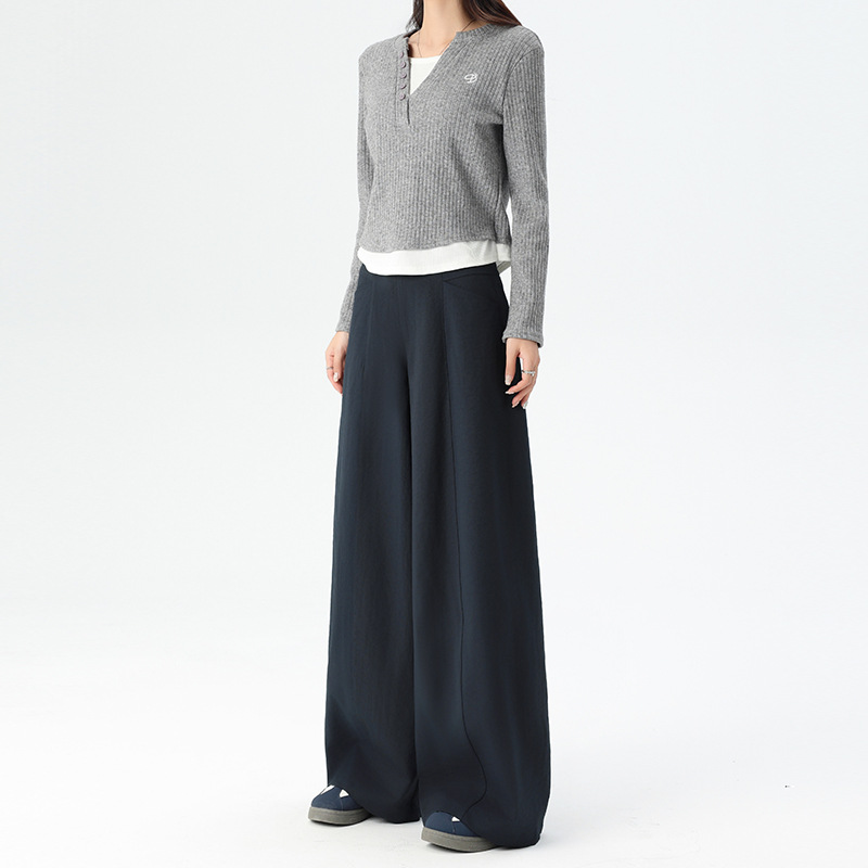 Navy Blue V-Pocket Wide-Leg Pants for Women, Spring 2026 New Style, Straight-Leg Sweatpants, High-Waisted Slimming Suit Pants