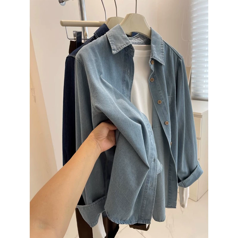 Темно-легкая двухцветная джинсовая рубашка! Осенний и зимний ретро дикий, тонкий и носить рубашку с длинными рукавами, повседневная куртка