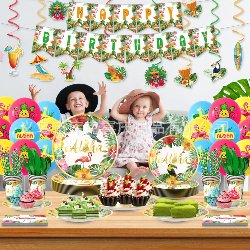 Amazon nuevo Hawaiano tema decoración del partido verano plato de papel desechable taza vajilla tire bandera traje