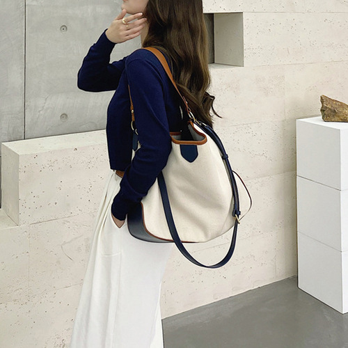 Wholesale Factory Style Color-blocked Canvas Tote Bag for Women Large Capacity Commuter Bag Women's Fashion Shoulder and Crossbody Bag