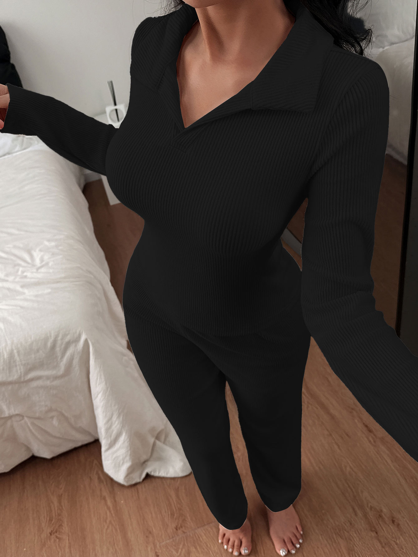 Women's Polo Neck Pajama Set - Long Sleeve Top & Pants, Classic Casual Loungewear_voghion.com