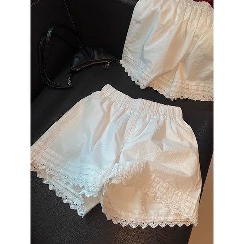 White lace edge splicing casual shorts for women, summer loose matchy-matchy mini skirt home-wide leg pants