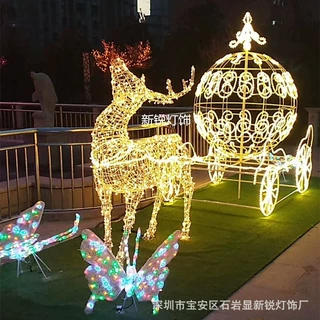 LED鹿拉车造型灯 工厂批发3D铁架发光动物灯仿真麋鹿拉宝车装饰灯
