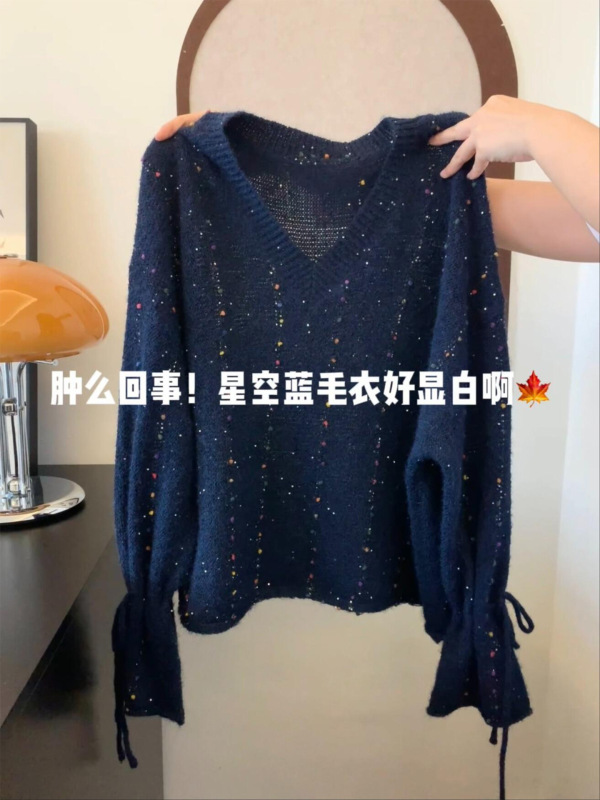 广州十三行高货爆款~彩色V领绑带针织衫女秋冬款慵懒软糯宽松毛衣|undefined