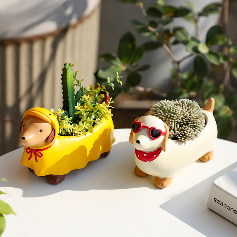 Chậu Cây Resin Chậu cây mọng nước hình chó Dachshund resin, chậu mini trang trí bàn, ban công sân vườn (RG-5)