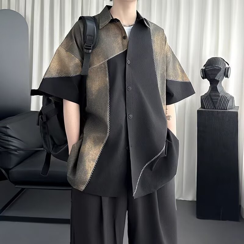Japanese Style Stitching Retro Shirt Men's Spring and Summer Antique vintage Contrast Color High-end Design Fashionable Shirt Short-sleeved