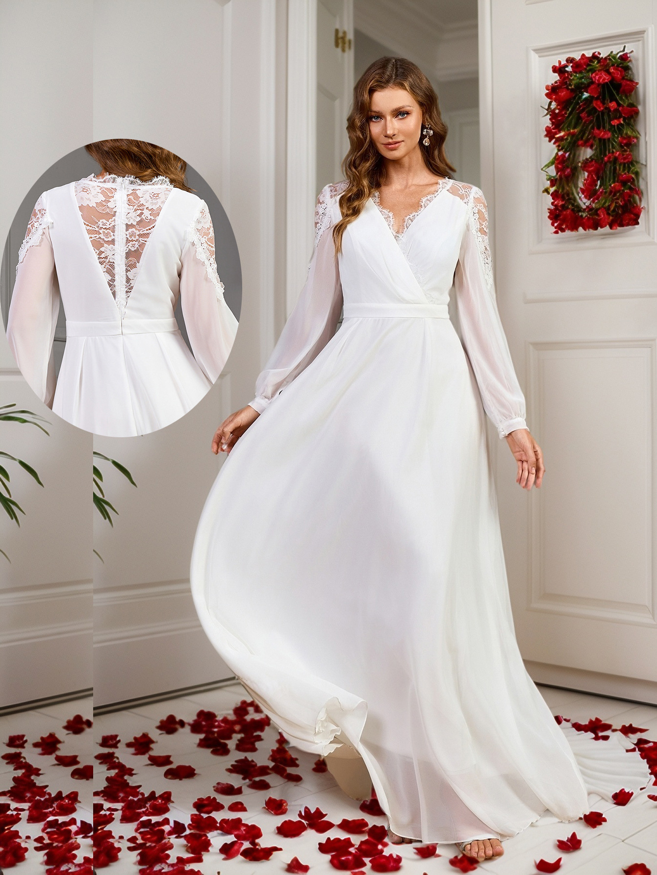 Nuevo Europa y América Hot Sale Amazon vestido de encaje empalmado cintura larga noble vestido de noche vestido de novia chiffon
