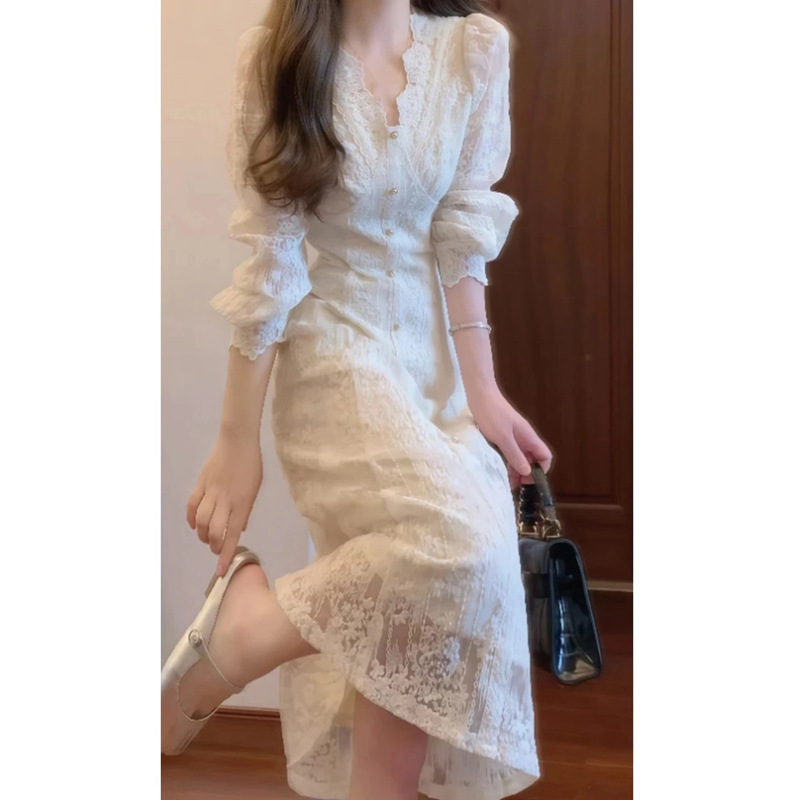 2025秋季法式甜美温柔风白色蕾丝连衣裙长袖收腰气质长裙V领裙子|undefined