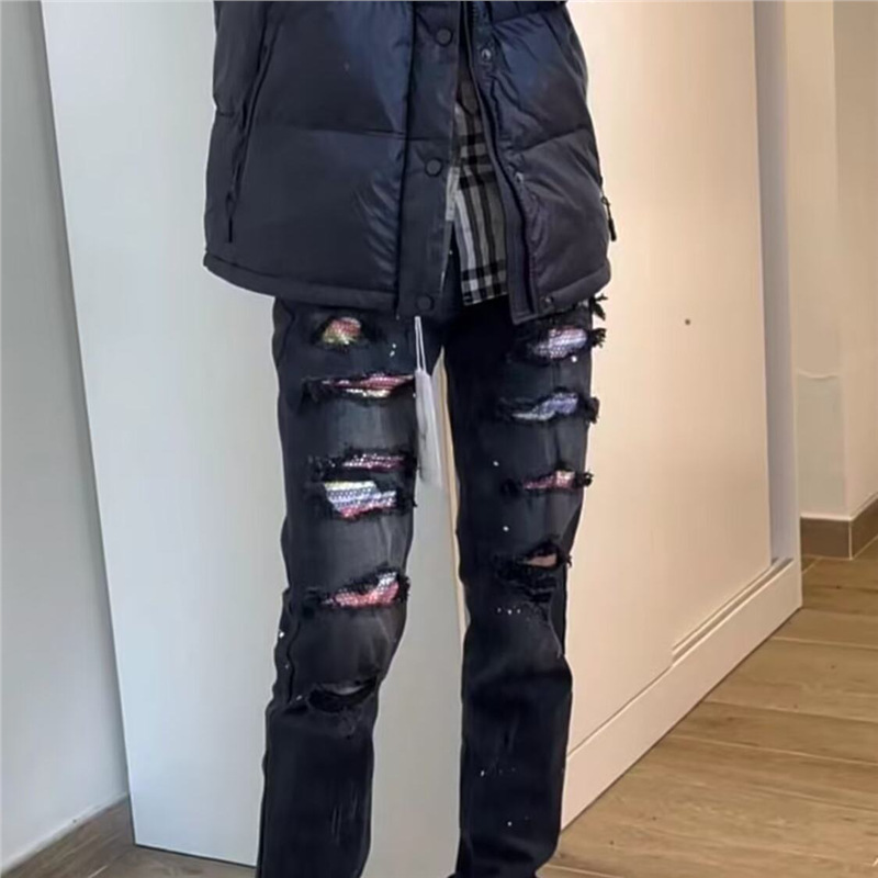 Men's Slim Fit Distressed Patchwork Jeans - High Street Style Black Skinny Ripped Denim Pants For Casual Wear_mkmklike.com