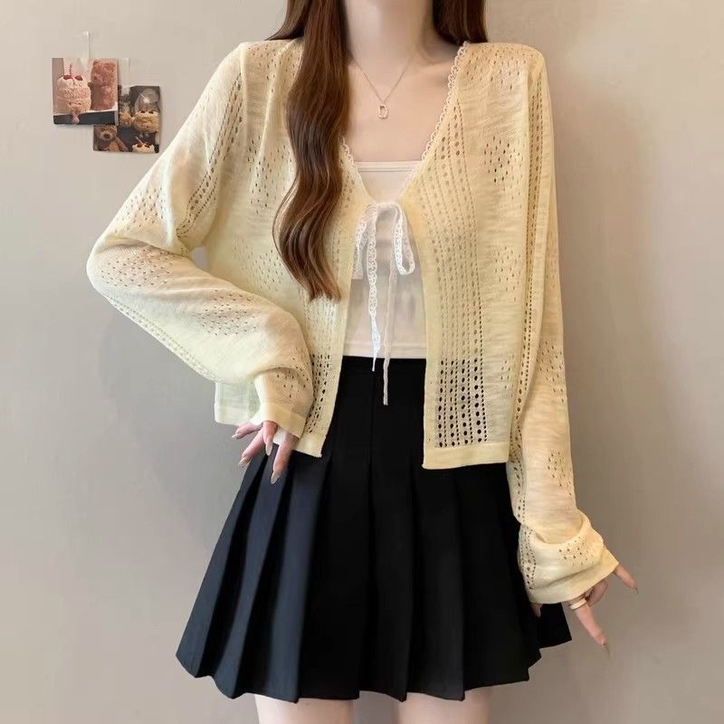 Light Blue Lace-Up Knitted Cardigan Jacket for Women, New Summer Style, Thin Outerwear with Hollow-Out Design, Sun-Protective Shawl Top