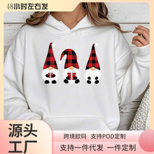 跨境圣诞格子帽小矮人印花连帽卫衣外贸亚马逊temu wish